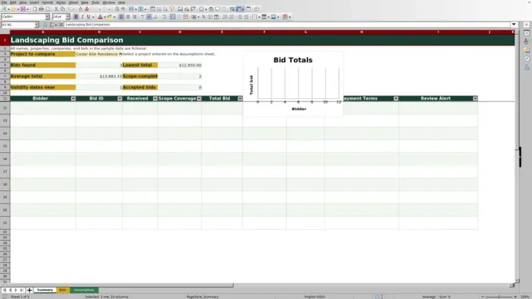 Preview of Landscaping Bid Comparison Spreadsheet for Excel