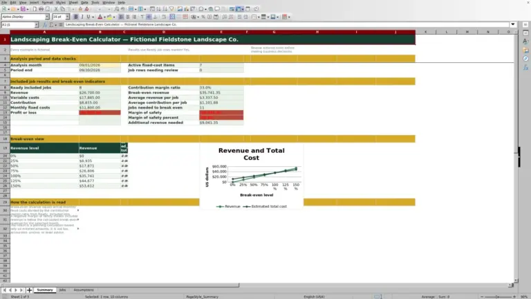 Preview of Landscaping Break-Even Calculator Excel Workbook