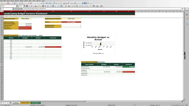 Preview of Excel Landscaping Budget Variance Dashboard for 2026