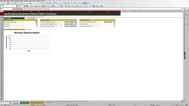 Preview of Landscaping Equipment Depreciation Schedule for Excel