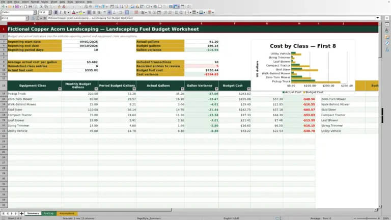Preview of Landscaping Fuel Budget Worksheet for Excel