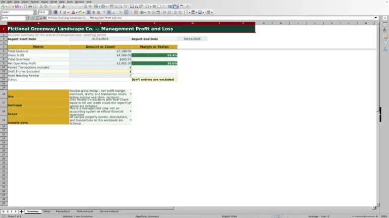 Preview of Landscaping Profit and Loss Spreadsheet for Excel