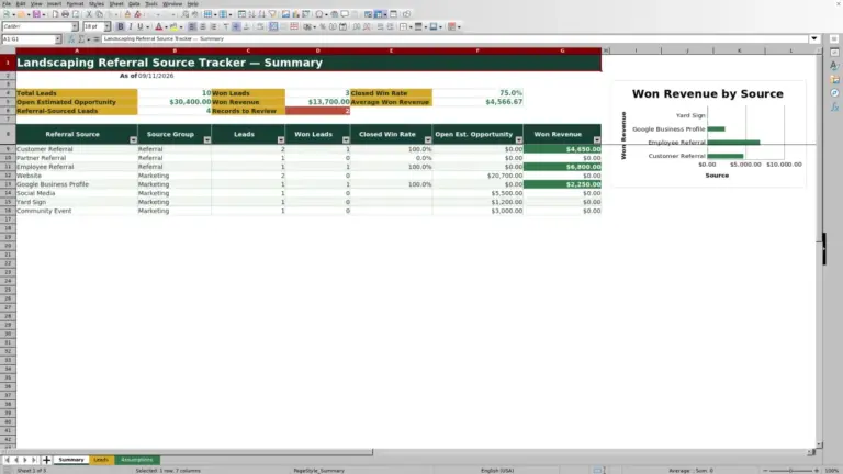 Preview of Landscaping Referral Source Tracker Excel Workbook
