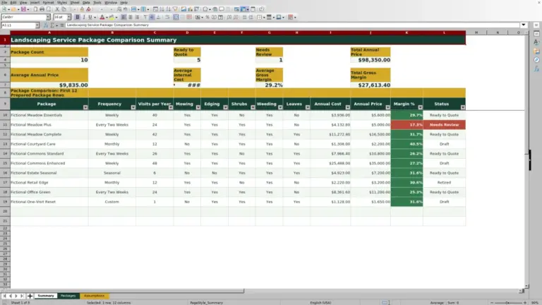 Preview of Landscaping Service Package Comparison Excel Workbook