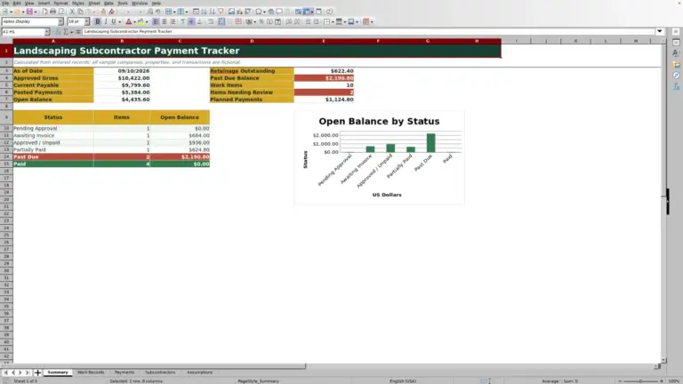 Preview of Landscaping Subcontractor Payment Tracker Excel Template