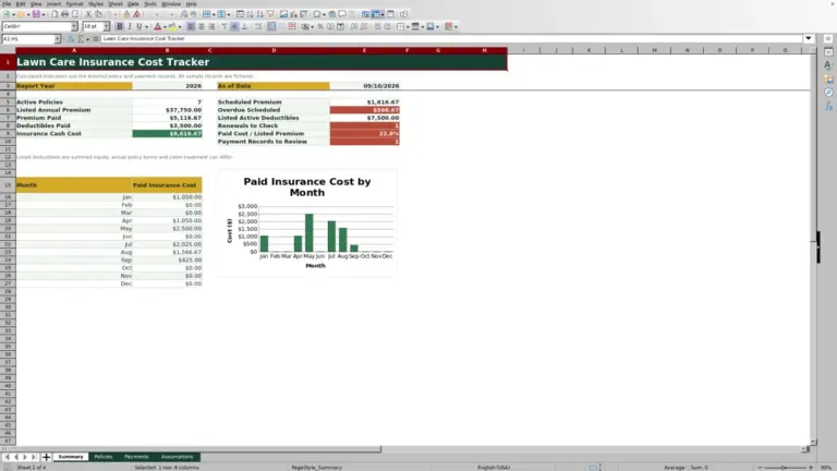 Preview of Lawn Care Insurance Cost Tracker Excel Workbook