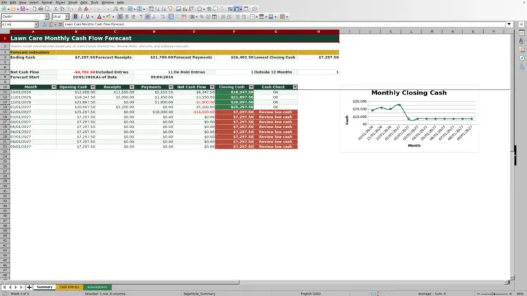 Preview of Lawn Care Monthly Cash Flow Forecast Excel Template
