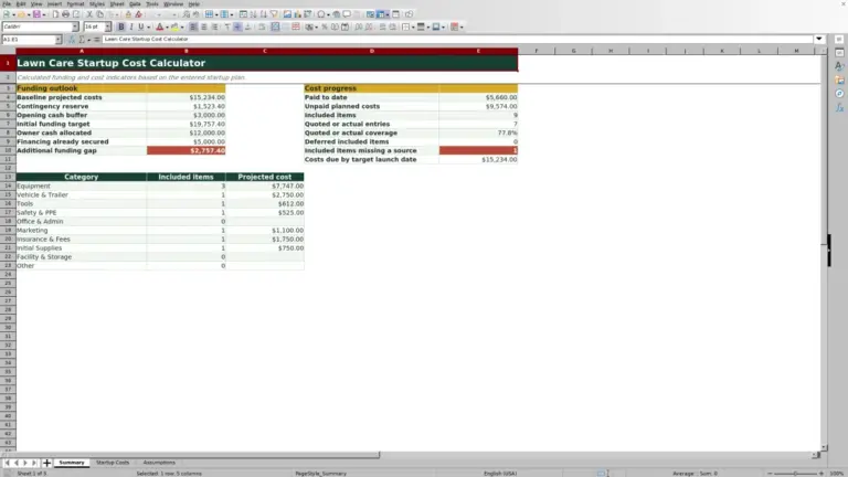 Preview of Lawn Care Startup Cost Calculator Excel Workbook