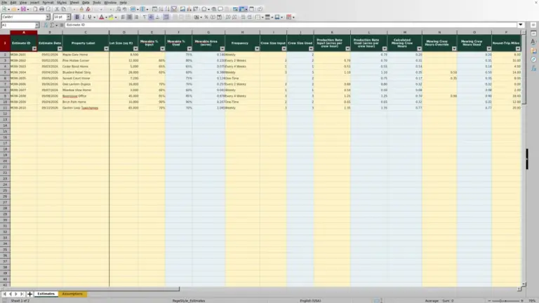 Preview of Lawn Mowing Price Calculator Excel Workbook